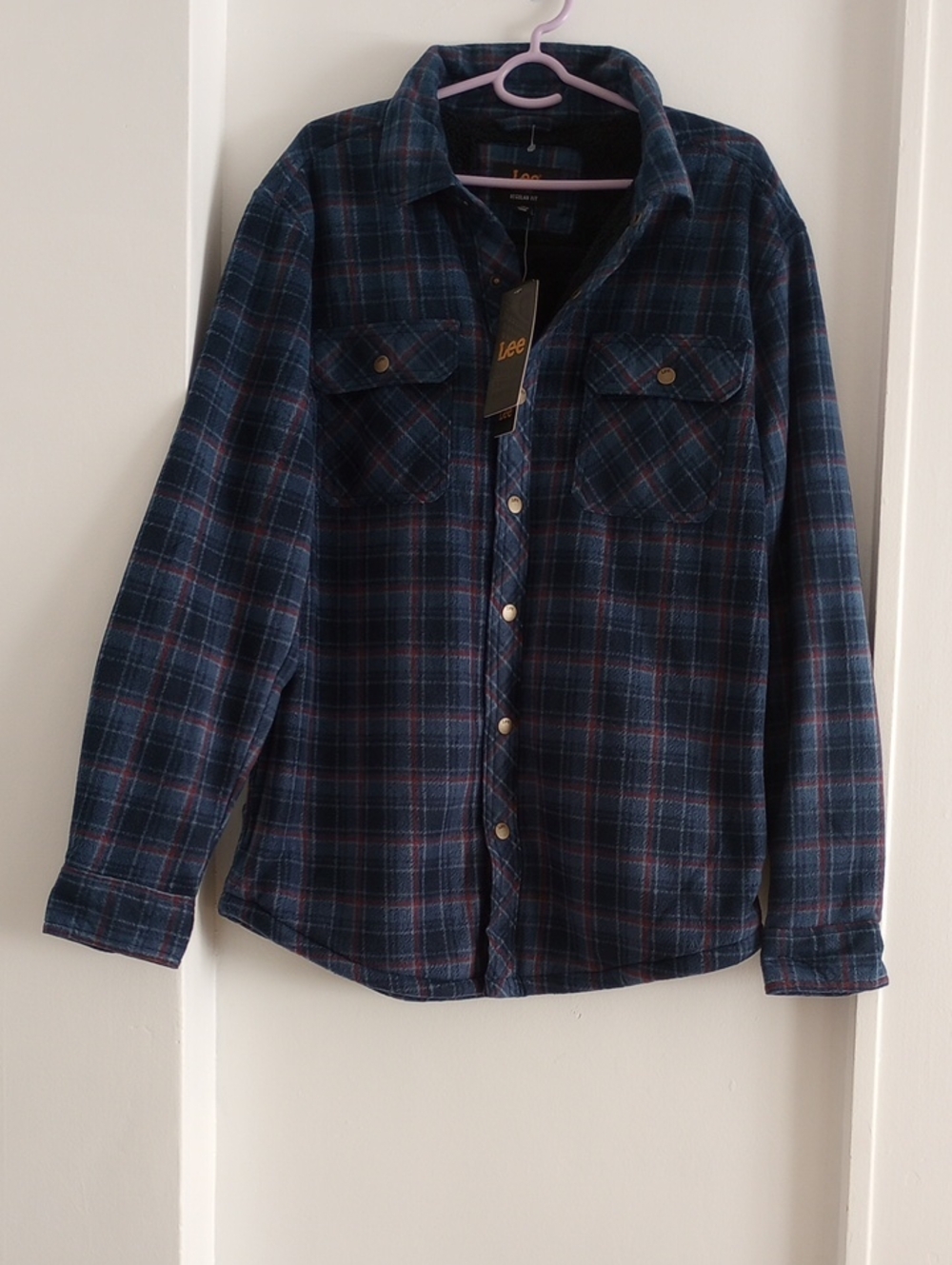 Lee Blue Red Plaid Button-Down Flannel Long Sleeve Shirt Fleece Sherpa Size M